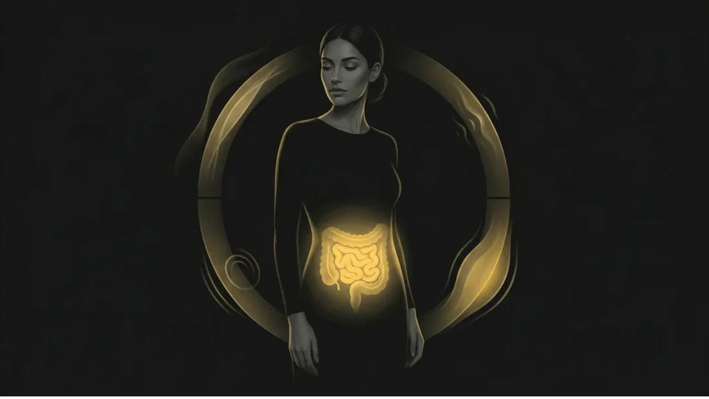 Corpo femminile con intestino illuminato e forma circolare, rappresentazione delle variazioni digestive e del microbiota durante il ciclo mestruale