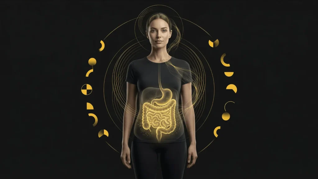 Donna con intestino illuminato e pattern circolari, rappresentazione del microbiota e dell’equilibrio intestinale influenzato da ormoni, stress e stile di vita