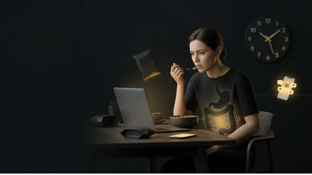 Donna che mangia velocemente davanti al computer con segnali di stress e intestino evidenziato, simbolo di abitudini quotidiane che possono causare gonfiore e squilibri intestinali